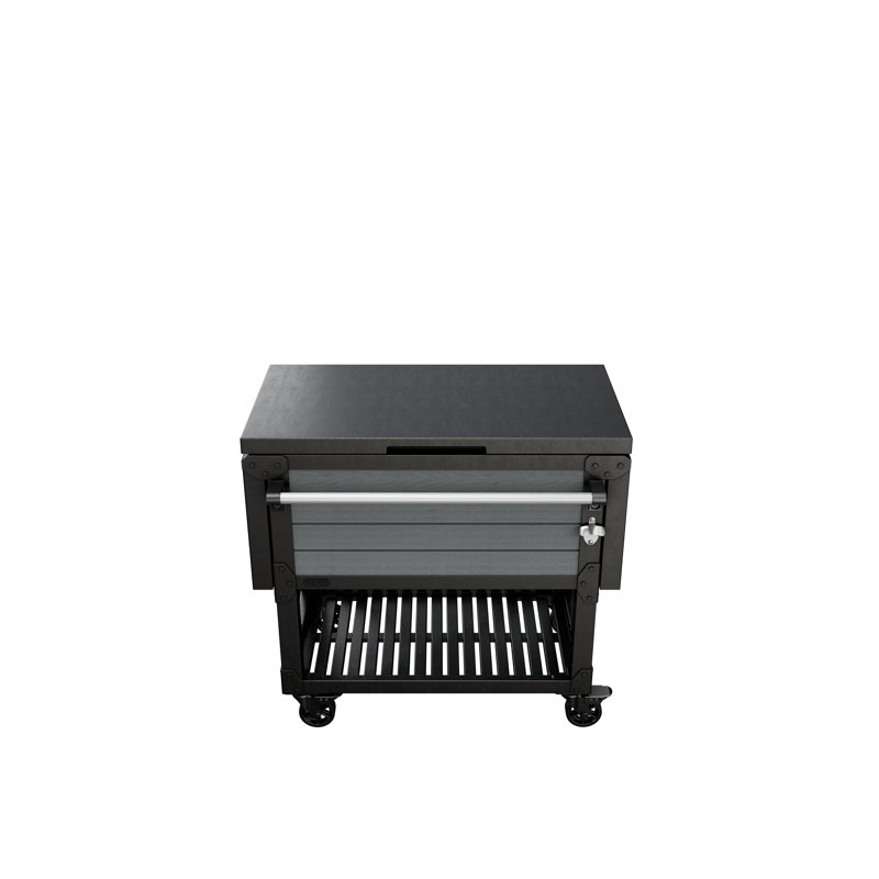 Keter Outdoor Rolling Patio Cooler and Insulated Beverage Cart Ice Chest with Fold Down Serving Shelf and Bottle Opener, Grey